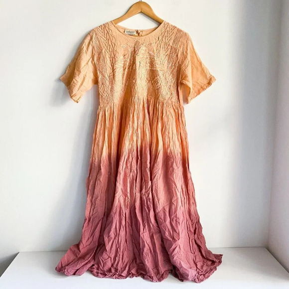 Vintage Y2k 2000s Ombré Crnkled Cotton Iddia Embroidered Midi Dress M - Picture 1 of 9